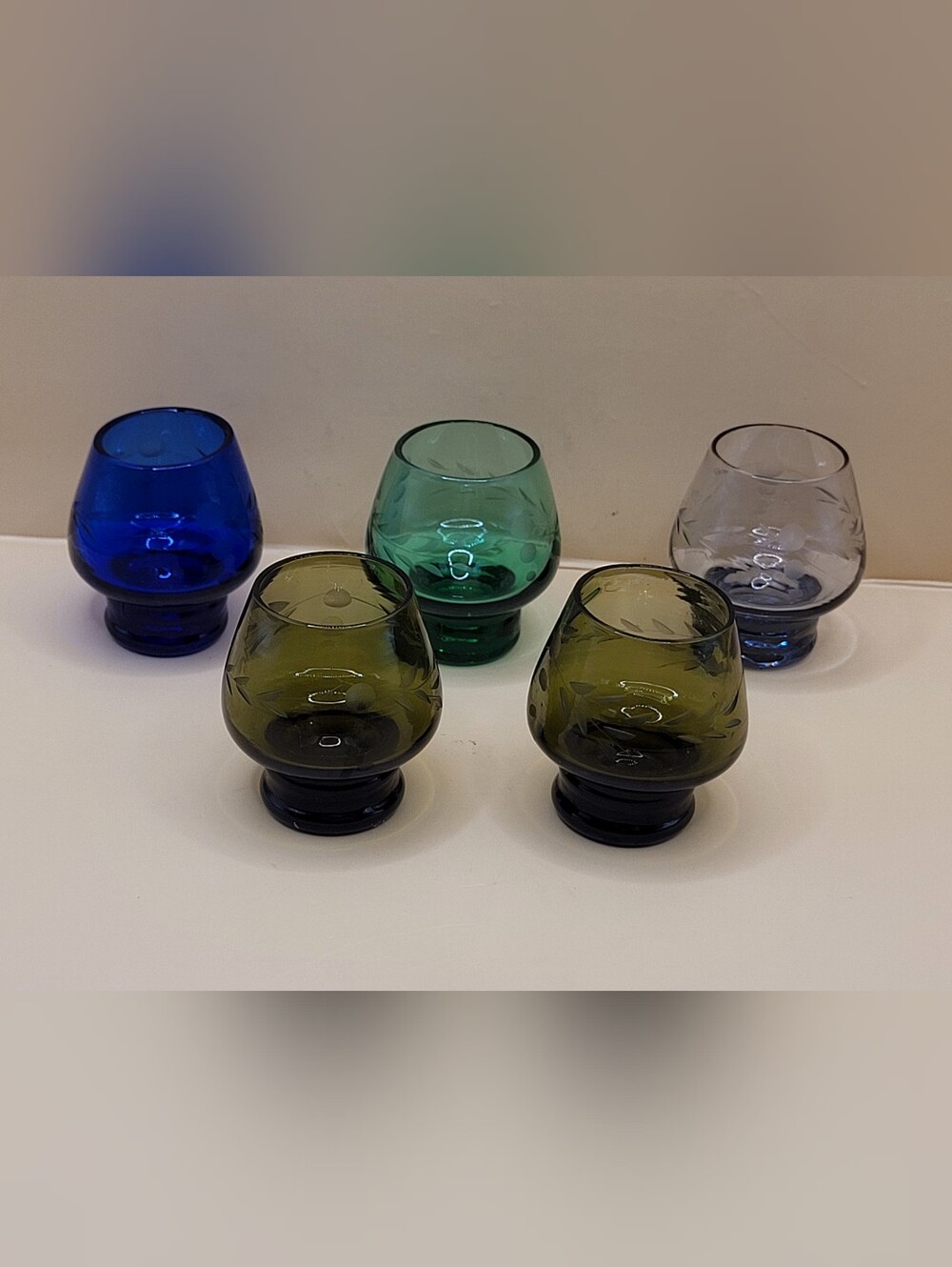 Vintage MCM Multi Colored Inarco Japan Etched Aperitif Glasses Set Of 5